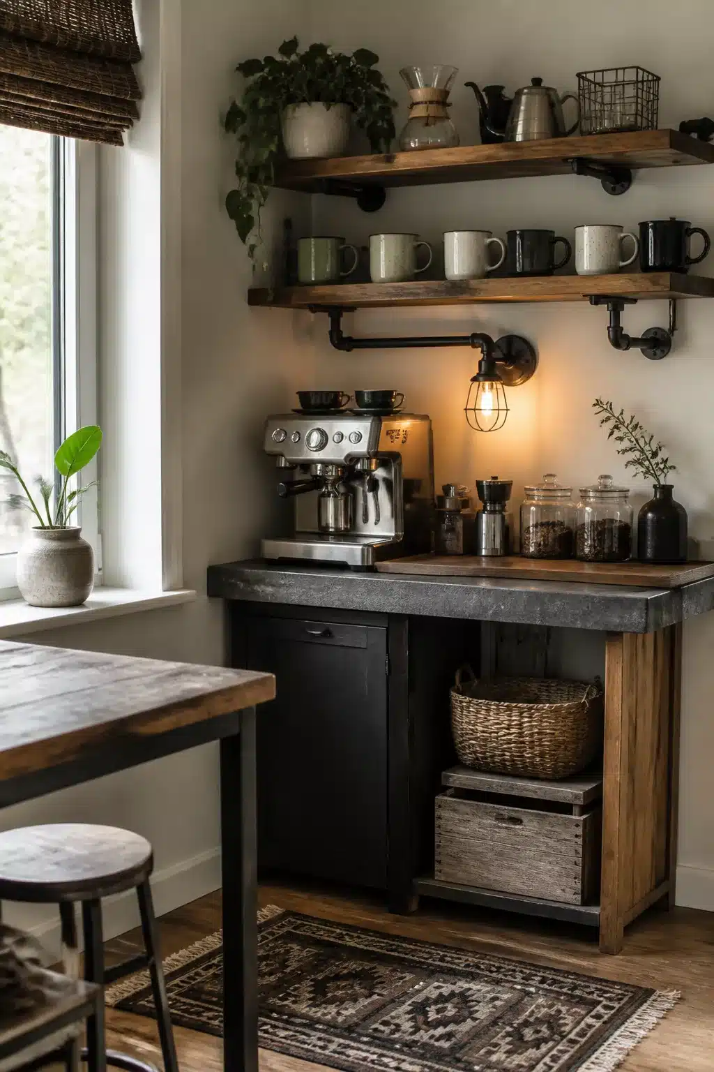 Industrial pipe shelf kitchen coffee bar corner decor ideas with cage sconce, espresso machine, and reclaimed wood shelves