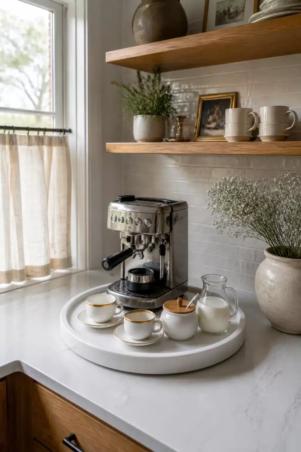 Kitchen coffee bar corner decor ideas with marble tray, stainless espresso machine, oak shelves, and linen curtains