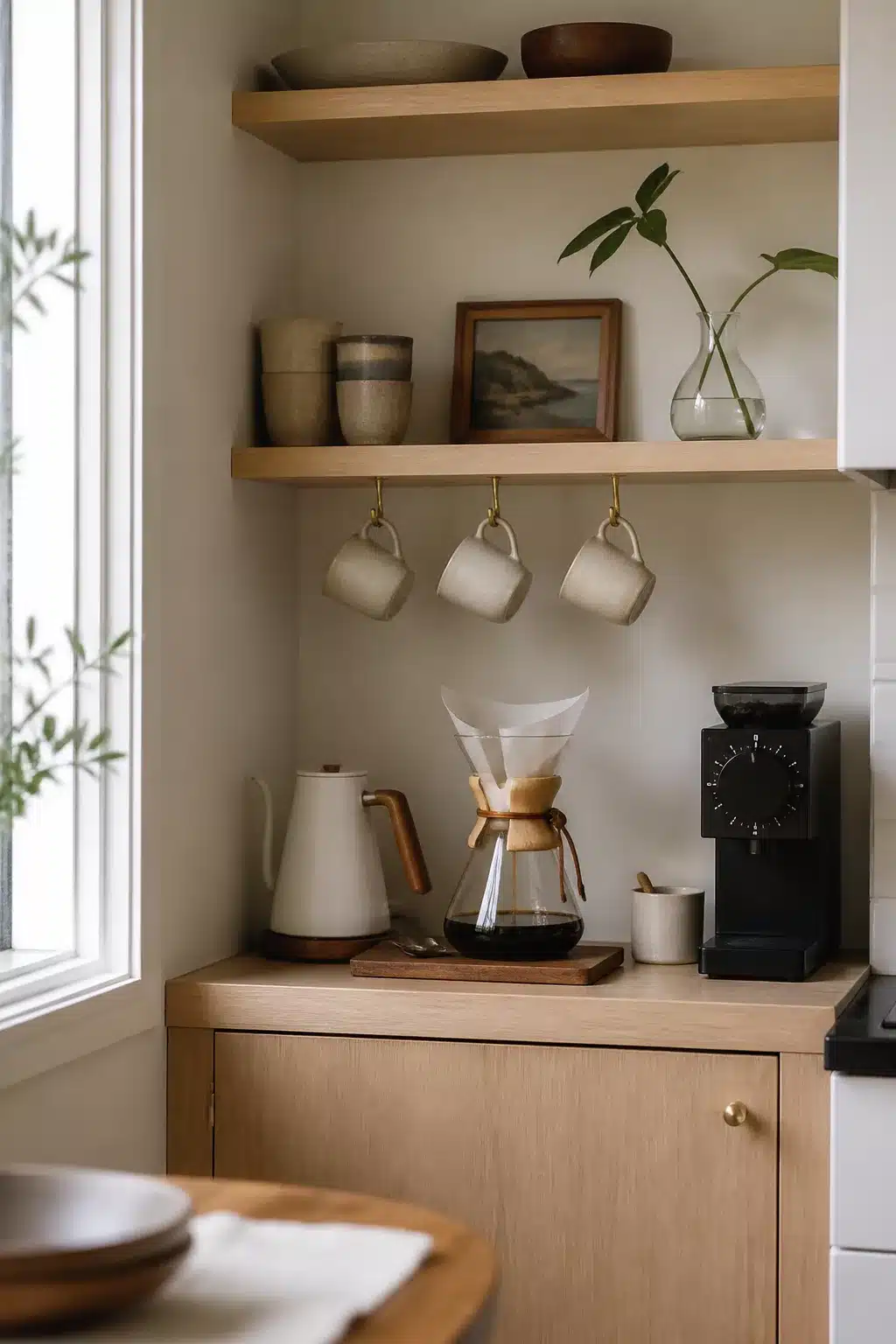 Light oak kitchen coffee bar corner decor ideas with Chemex, hanging mugs, and Scandi neutral styling