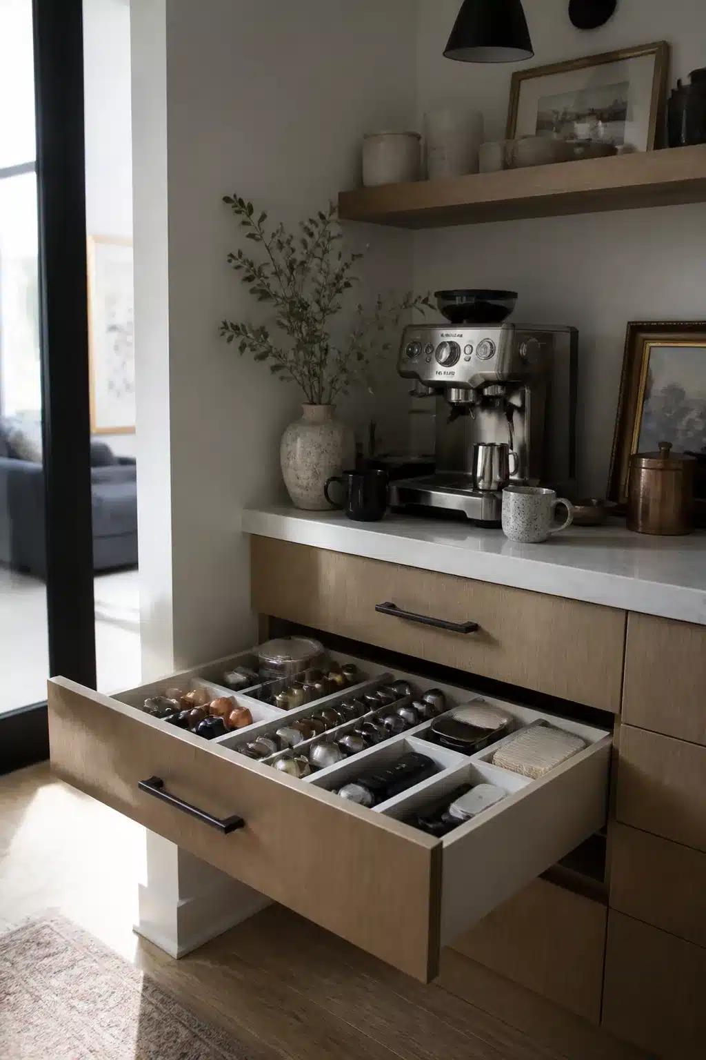 Light oak kitchen coffee bar corner decor ideas with built-in pull-out drawer organizer for espresso capsules