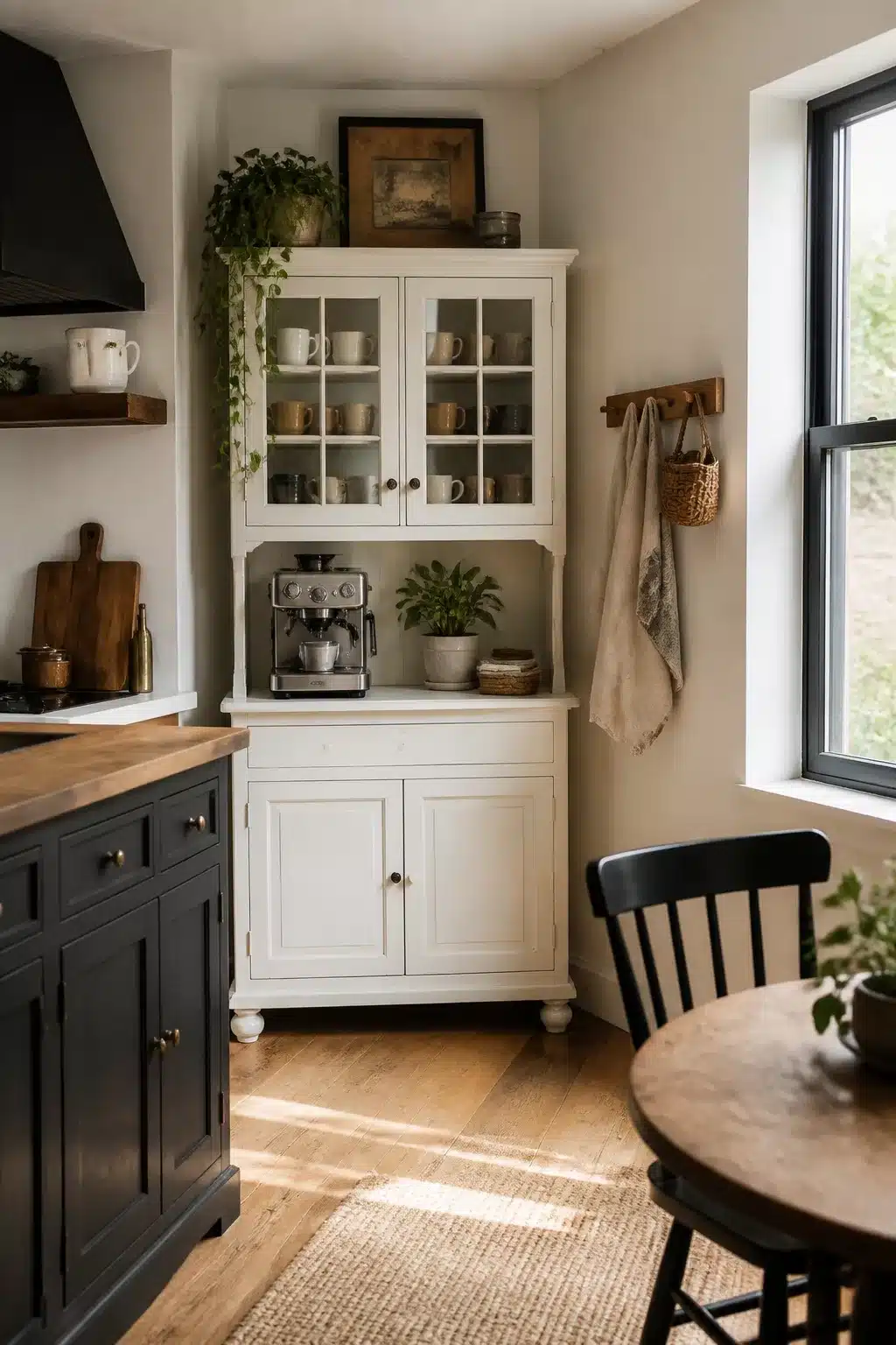 Cottage kitchen coffee bar corner decor ideas with a white glass-front hutch, espresso machine, and ivy plant.