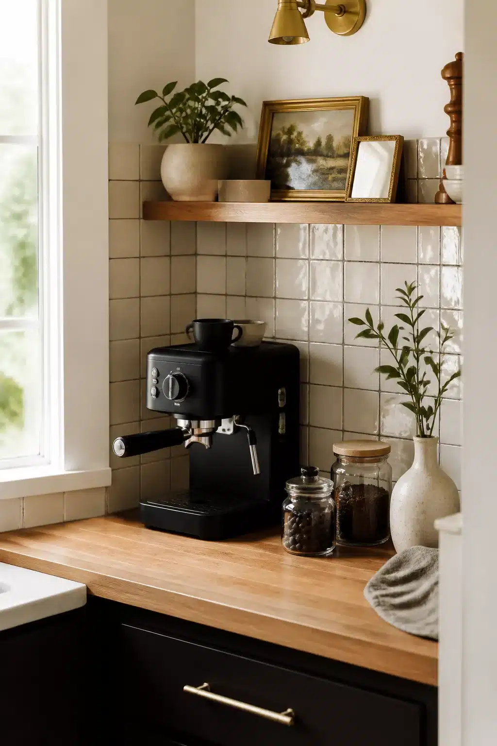 Kitchen coffee bar corner decor ideas with cream handmade tiles, butcher block counter, and black espresso machine