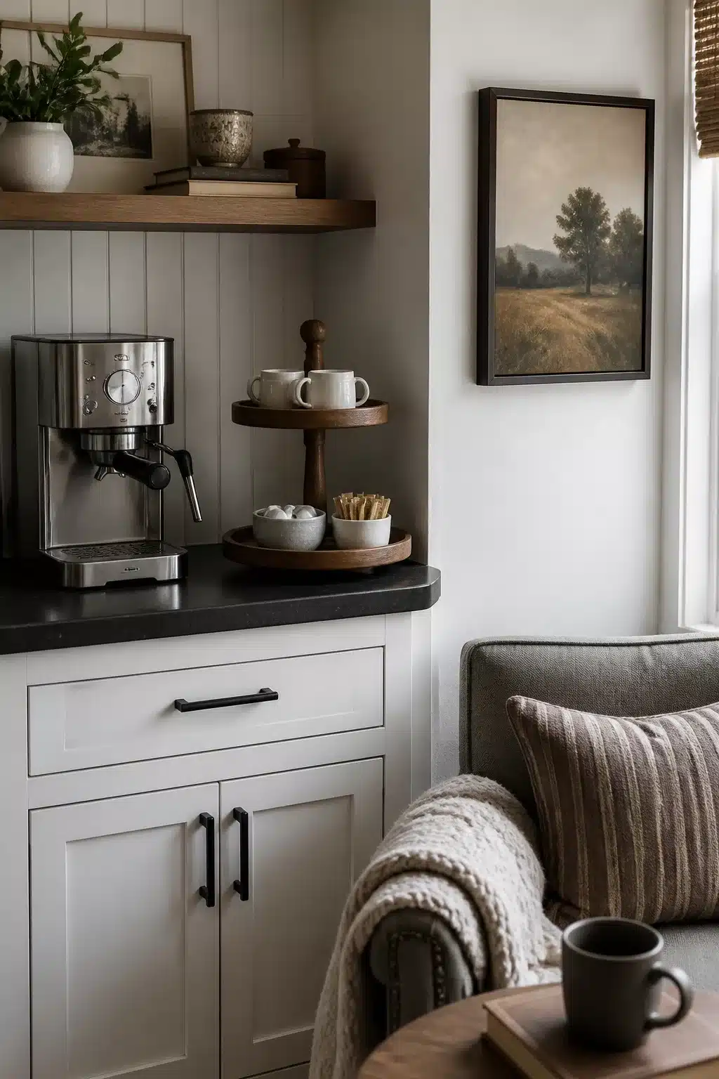 Kitchen coffee bar corner decor ideas with a two-tiered wooden stand, dark stone counter, and white shaker cabinets