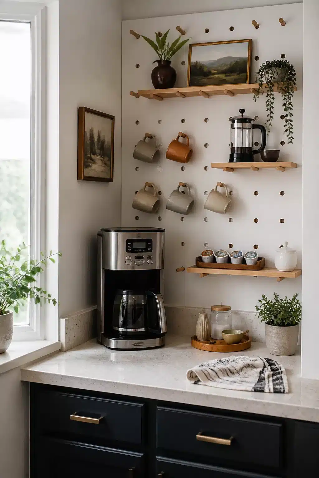 White pegboard coffee bar corner with hanging mugs and wood shelves — Kitchen Coffee Bar Corner Decor Ideas