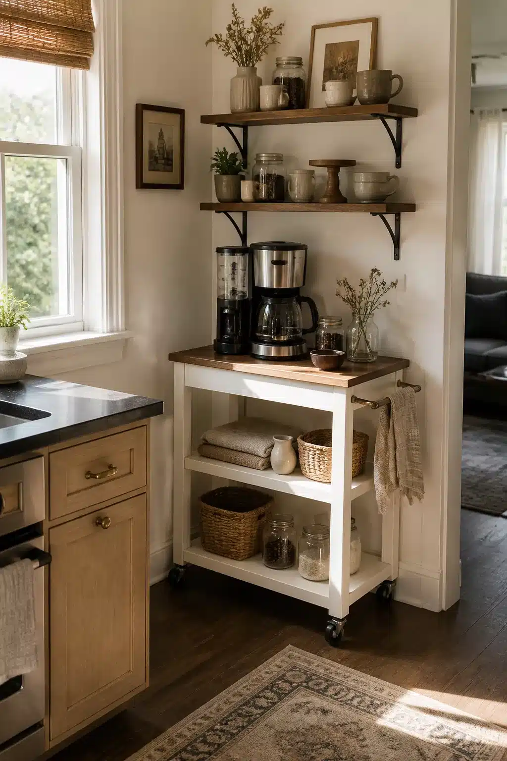 Rolling white cart coffee bar corner with iron bracket shelves — Kitchen Coffee Bar Corner Decor Ideas