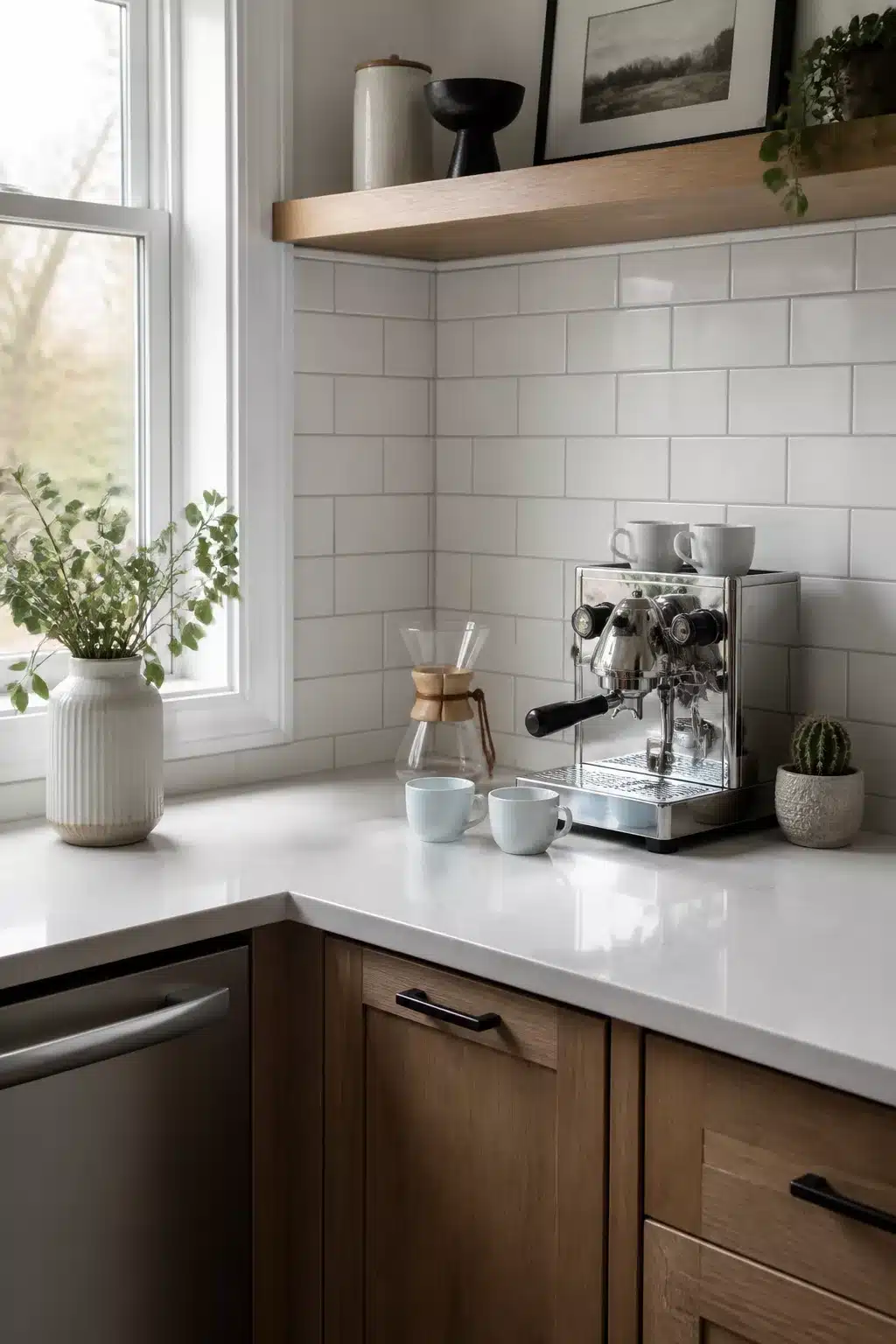 Kitchen coffee bar corner decor ideas with white subway tile, chrome espresso machine, oak cabinets, and open shelf styling