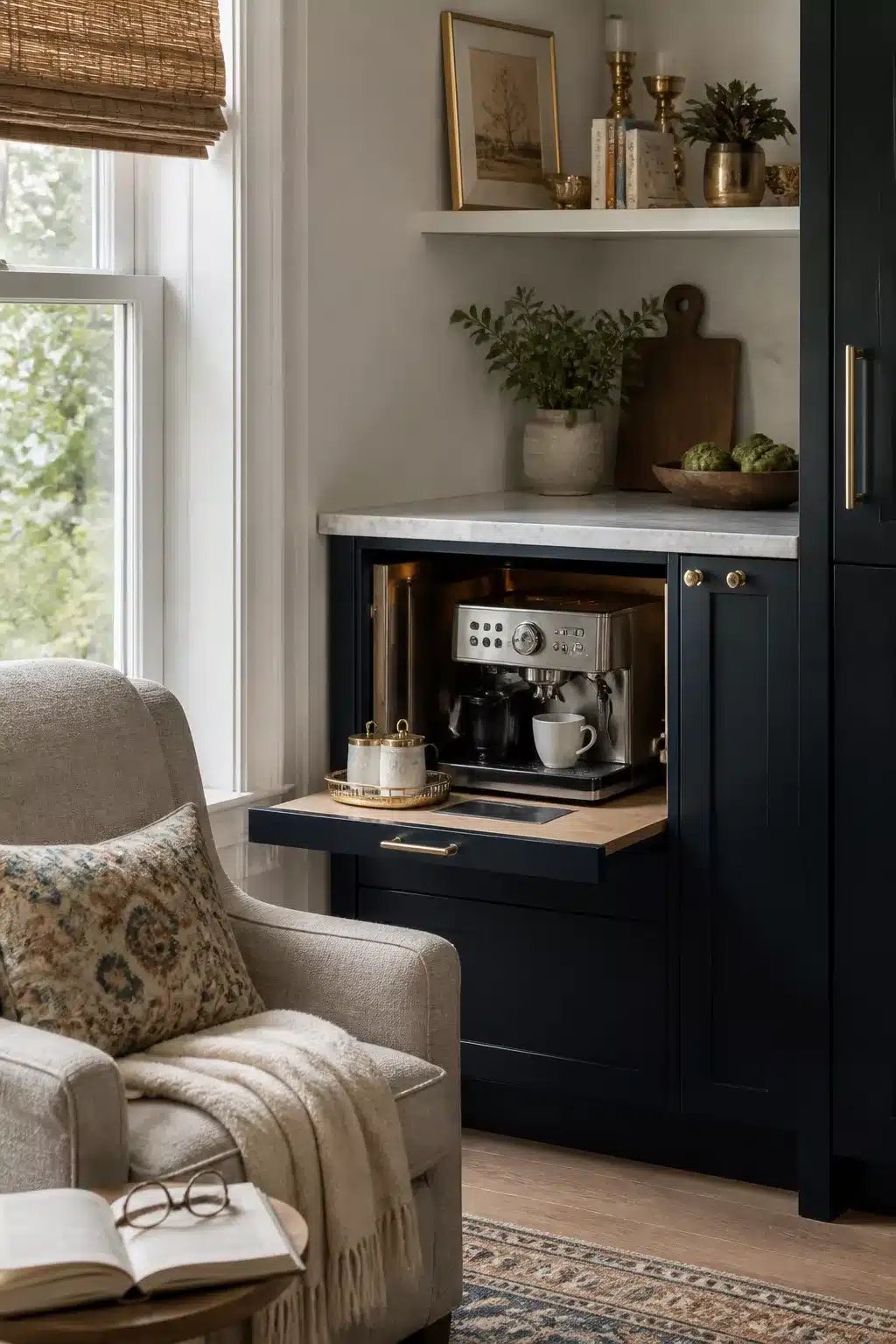Navy cabinet pull-out espresso shelf with gold accents — kitchen coffee bar corner decor ideas