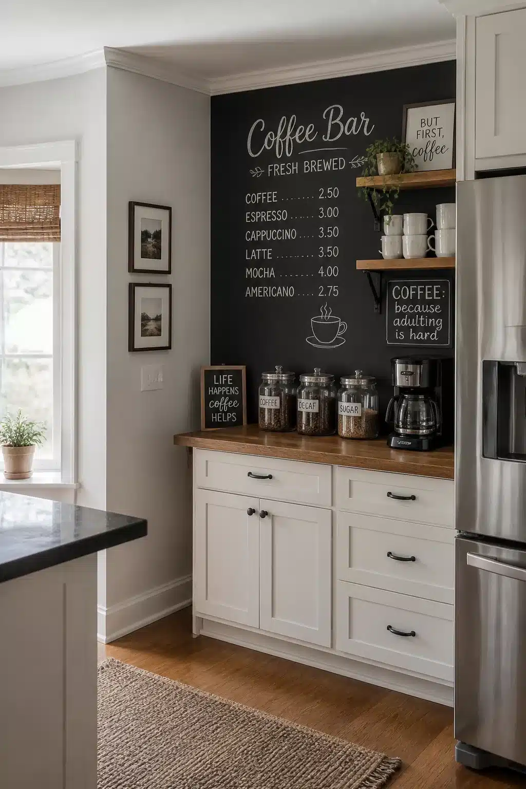 Kitchen coffee bar corner decor ideas with full-wall chalkboard menu, glass canisters, and white shaker cabinets
