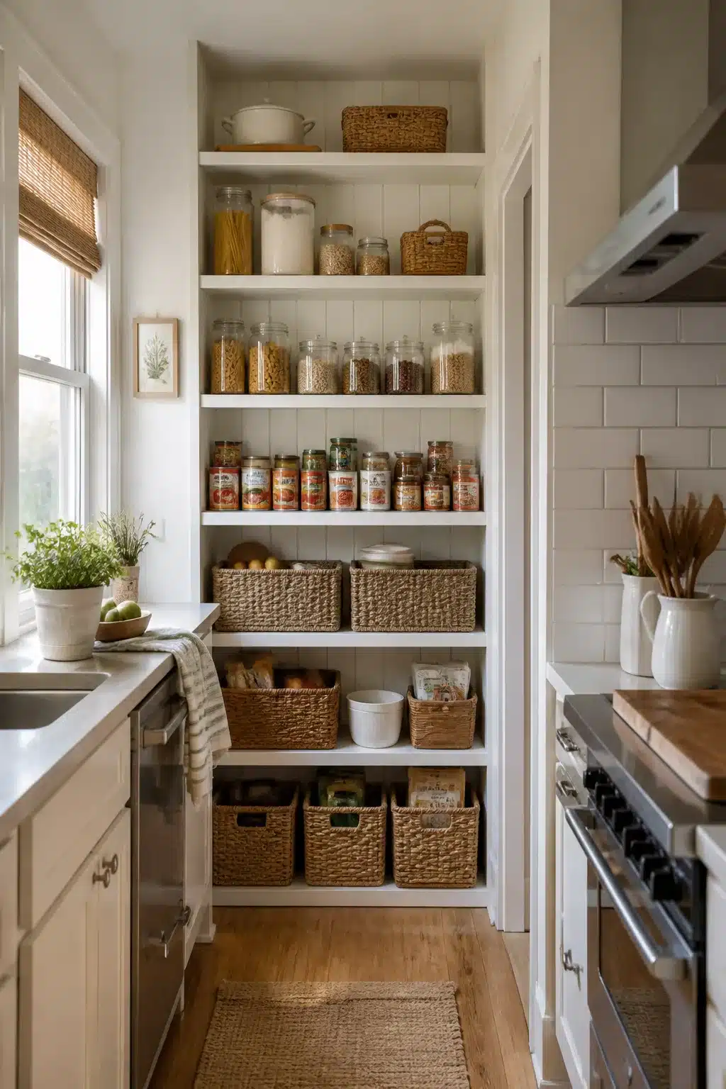 White shiplap open pantry shelves with wicker baskets and glass jars — kitchen pantry ideas for small spaces
