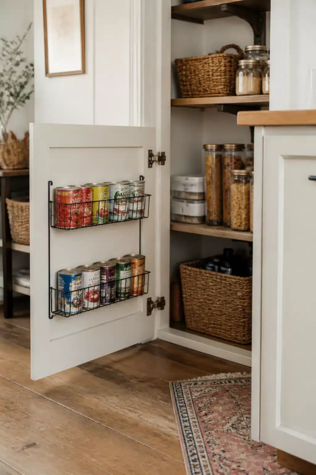 Black wire door-mounted can racks inside a cream pantry cabinet — kitchen pantry ideas for small spaces