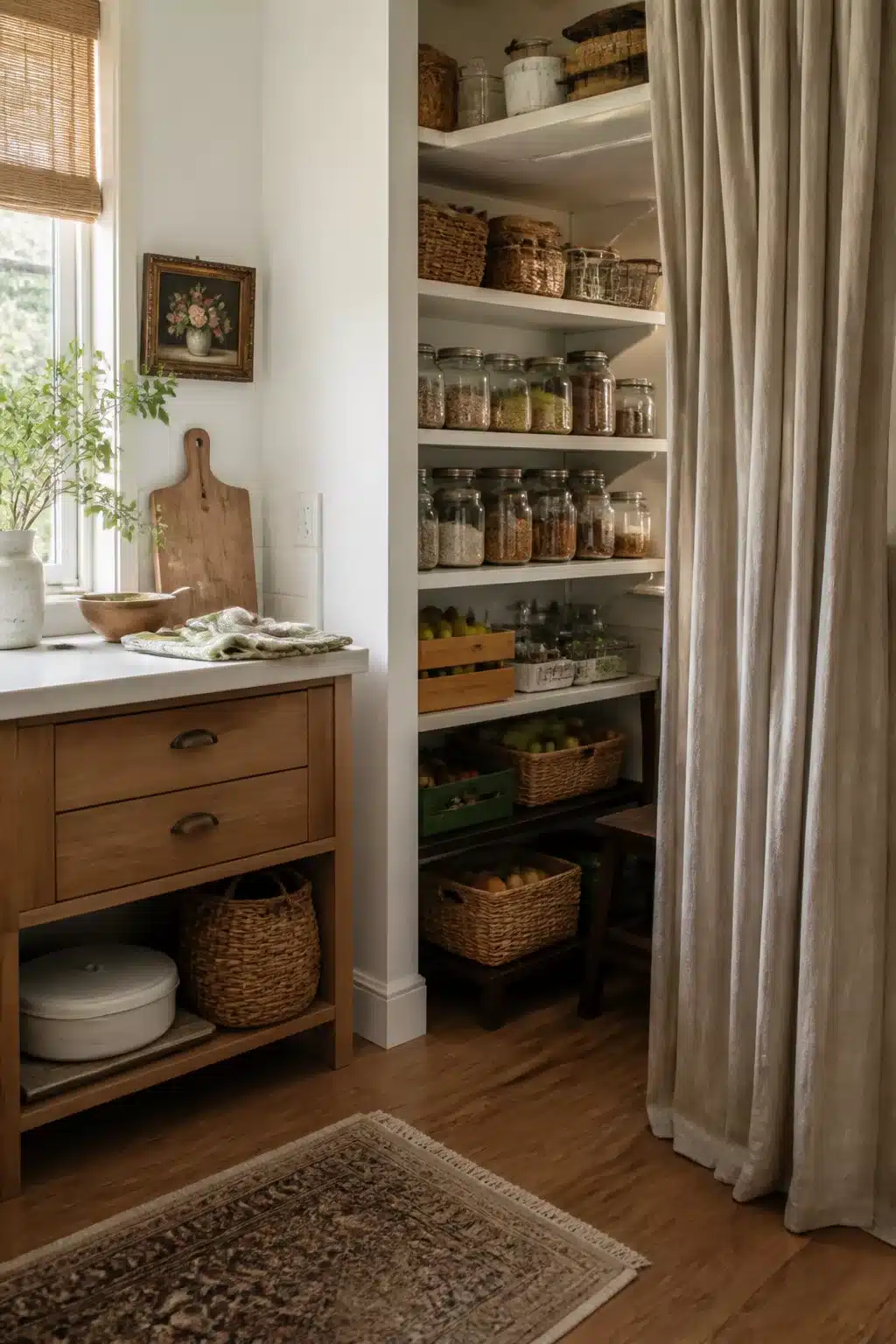Linen curtain pantry alcove with glass jar shelves — kitchen pantry ideas for small spaces