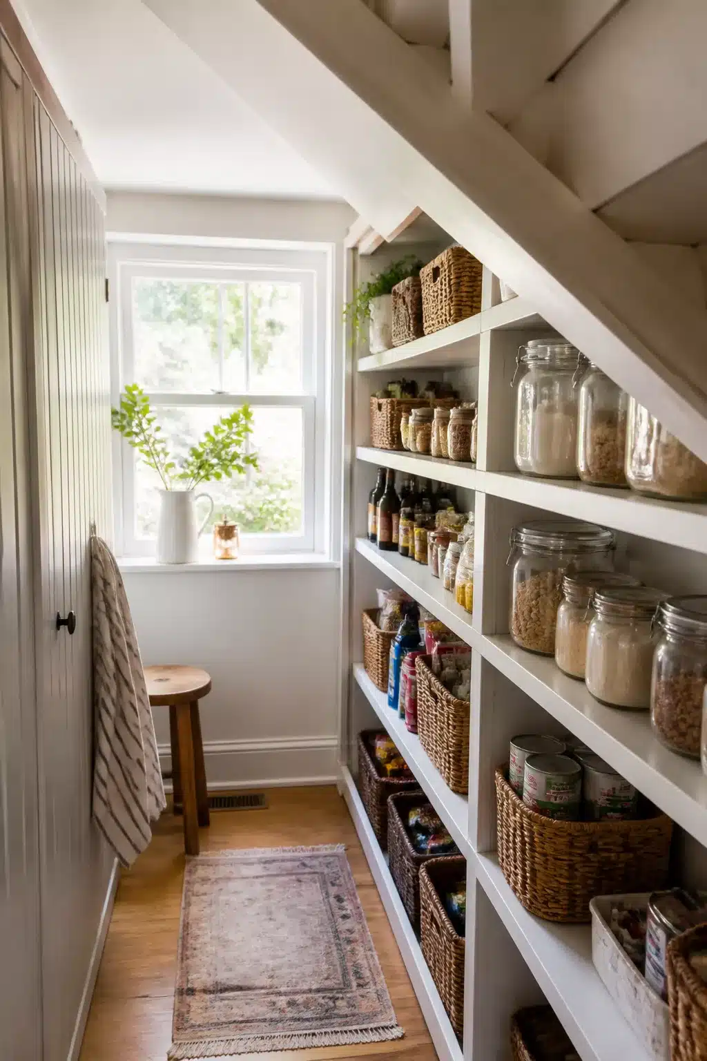 Under-stair built-in pantry with mason jar storage — Kitchen Pantry Ideas For Small Spaces