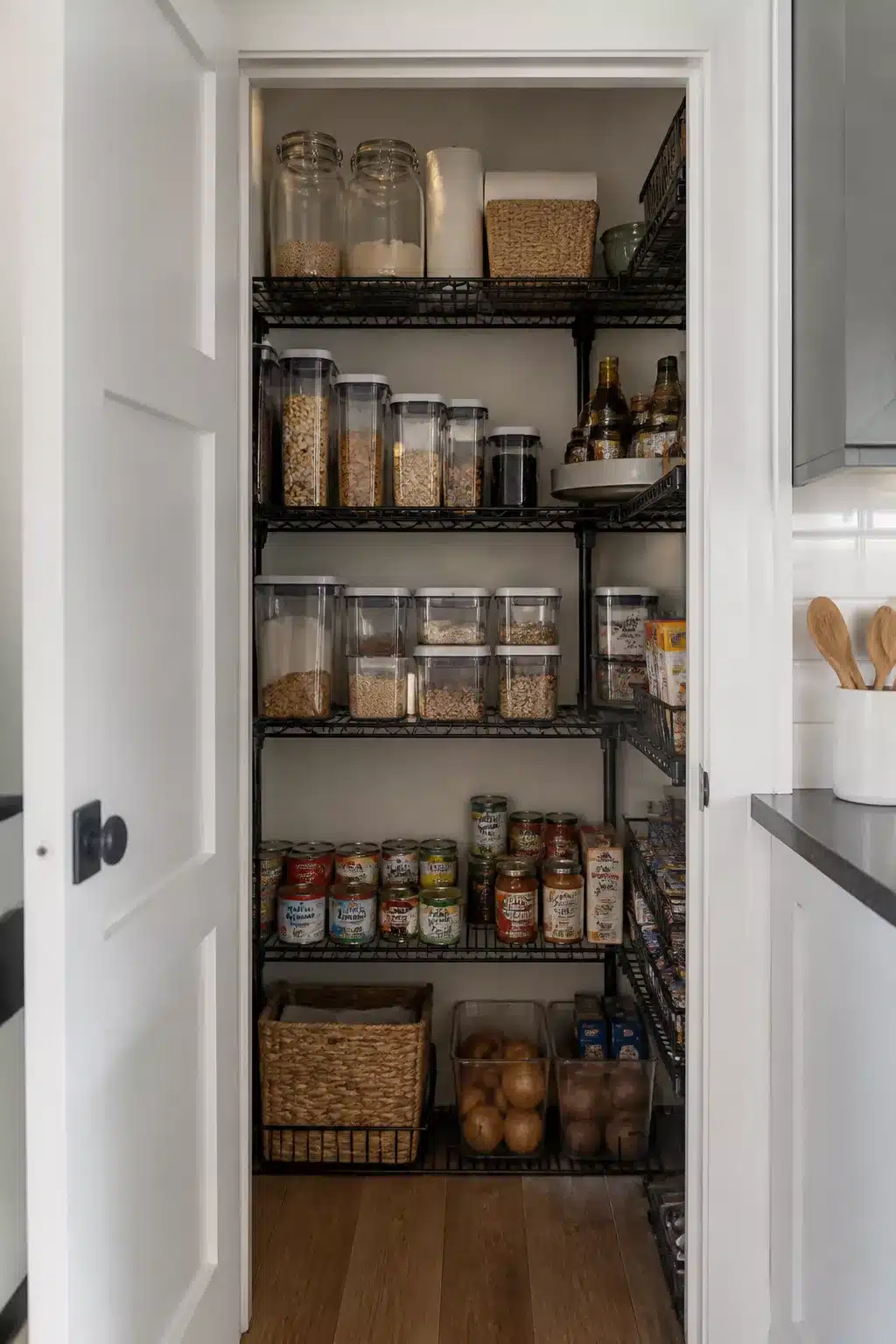 Black wire shelving pantry closet with clear canisters — kitchen pantry ideas for small spaces