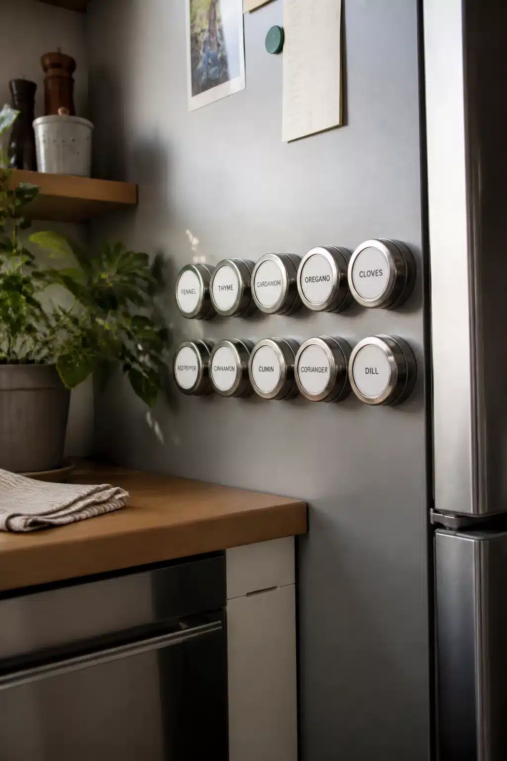 Magnetic spice tins on fridge side panel — kitchen pantry ideas for small spaces with organized storage