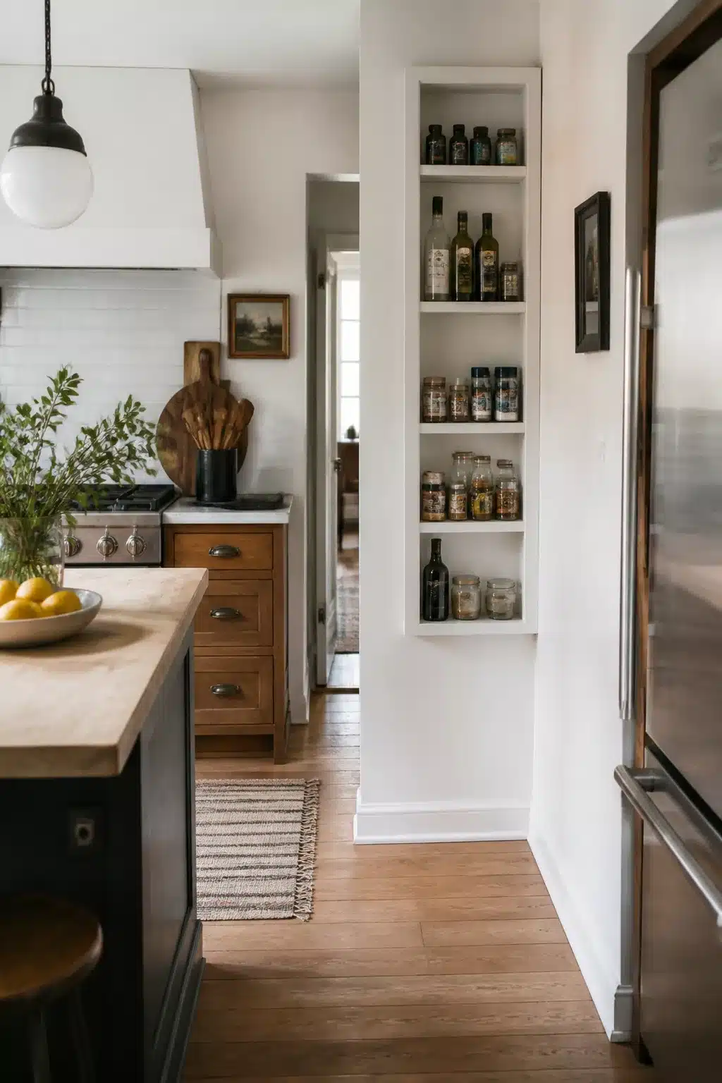 Recessed wall niche pantry with open bottle and jar storage — kitchen pantry ideas for small spaces