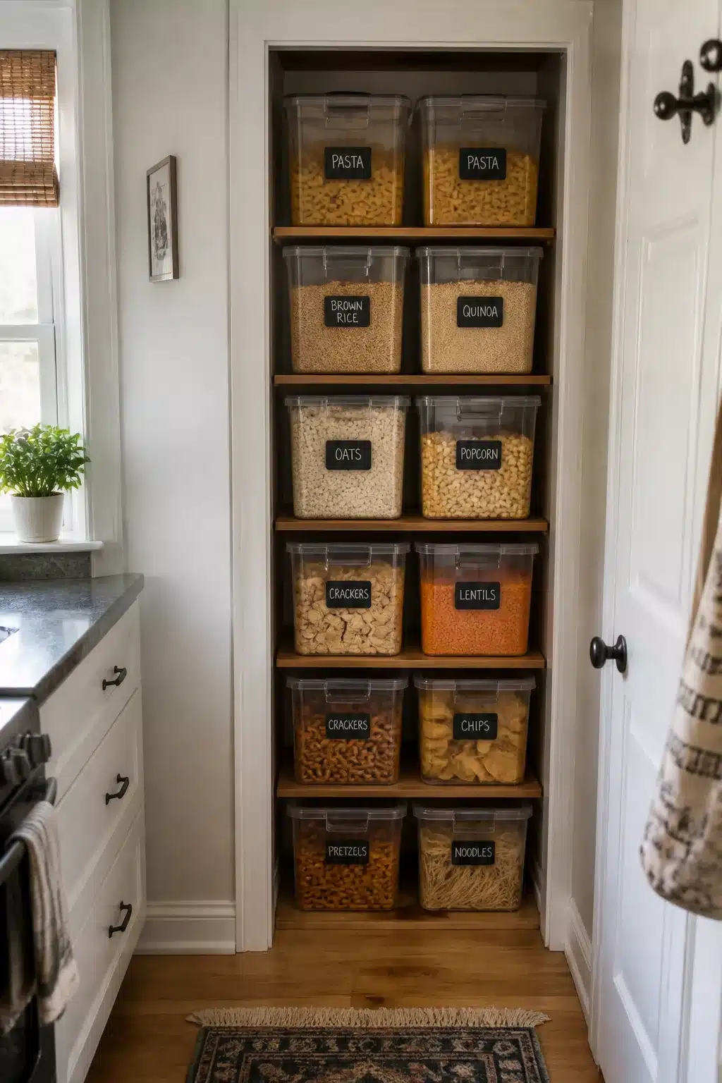 Clear stacking bins with chalkboard labels in a narrow pantry alcove — Kitchen Pantry Ideas For Small Spaces