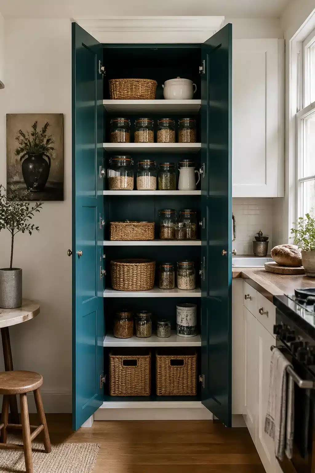 Teal-painted pantry cabinet interior with glass jars and wicker baskets — kitchen pantry ideas for small spaces