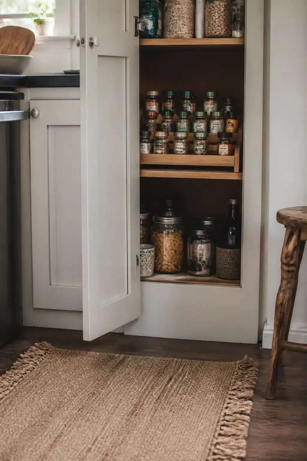 Oak tiered spice shelf inside tall cabinet — kitchen pantry ideas for small spaces with organized glass jar storage