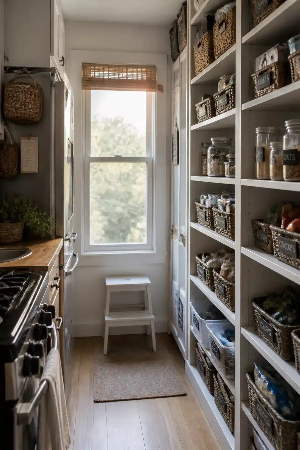 Kitchen pantry ideas for small spaces with floor-to-ceiling white shelves, chalkboard-labeled baskets and glass jars.