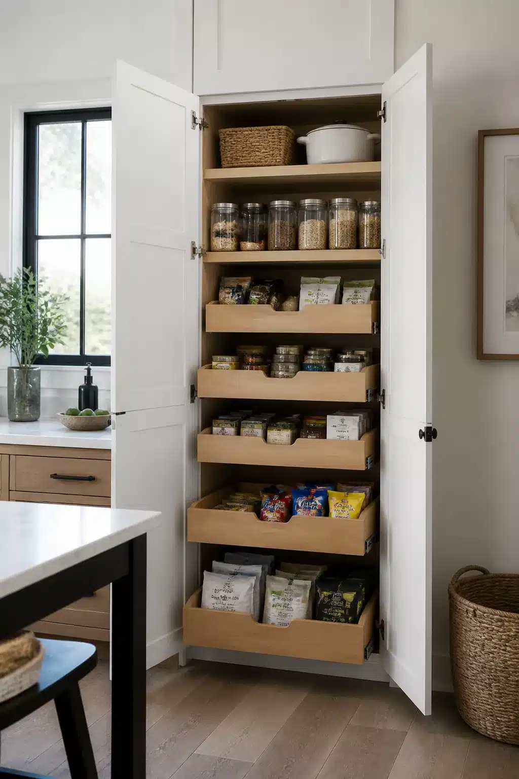Tall white pantry cabinet with maple pull-out drawers — kitchen pantry ideas for small spaces with organized storage