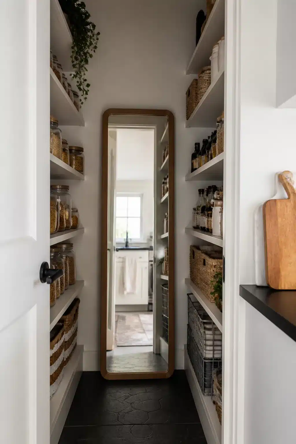 Narrow walk-in pantry with full-length mirror and organized open shelves — Kitchen Pantry Ideas For Small Spaces