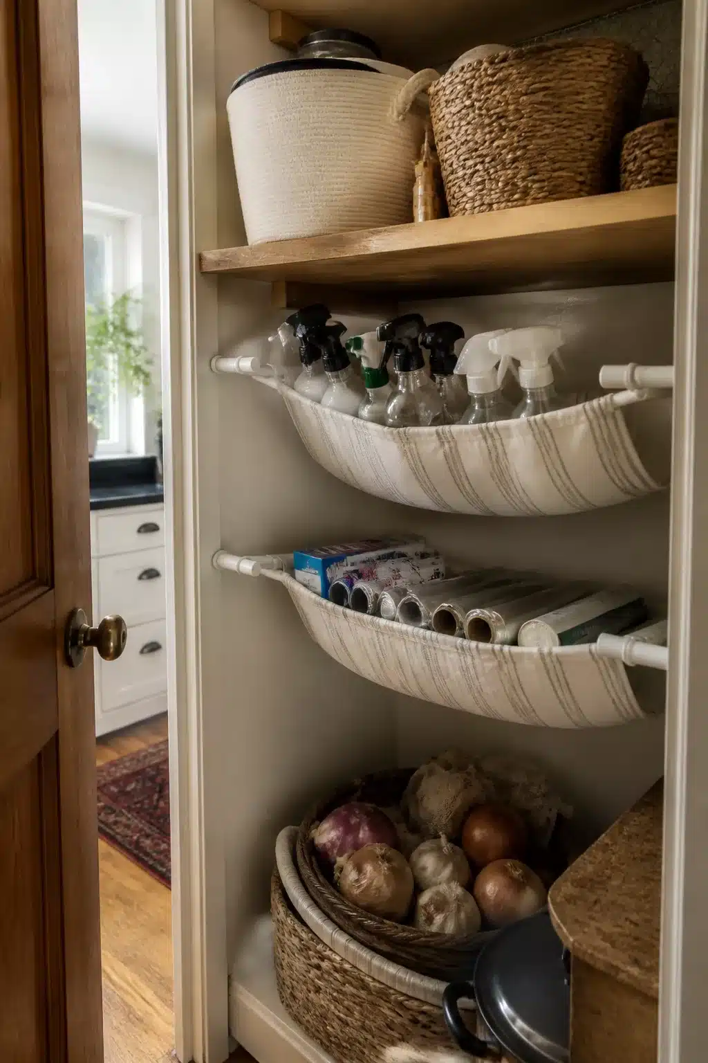 Fabric tension rod hanging bins in a small kitchen pantry cabinet — Kitchen Pantry Ideas For Small Spaces