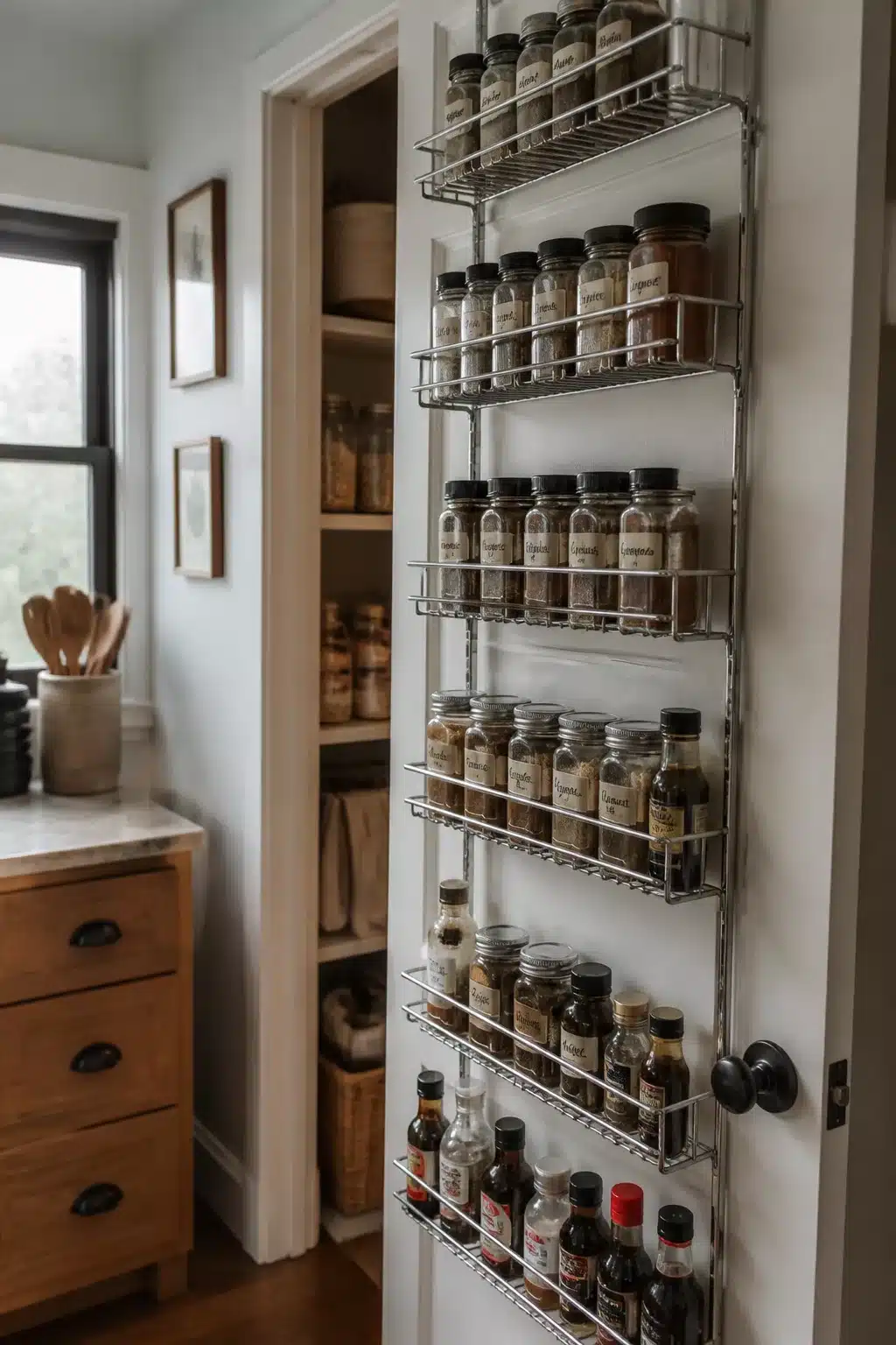 Chrome over-the-door spice rack on a pantry closet door — Kitchen Pantry Ideas For Small Spaces