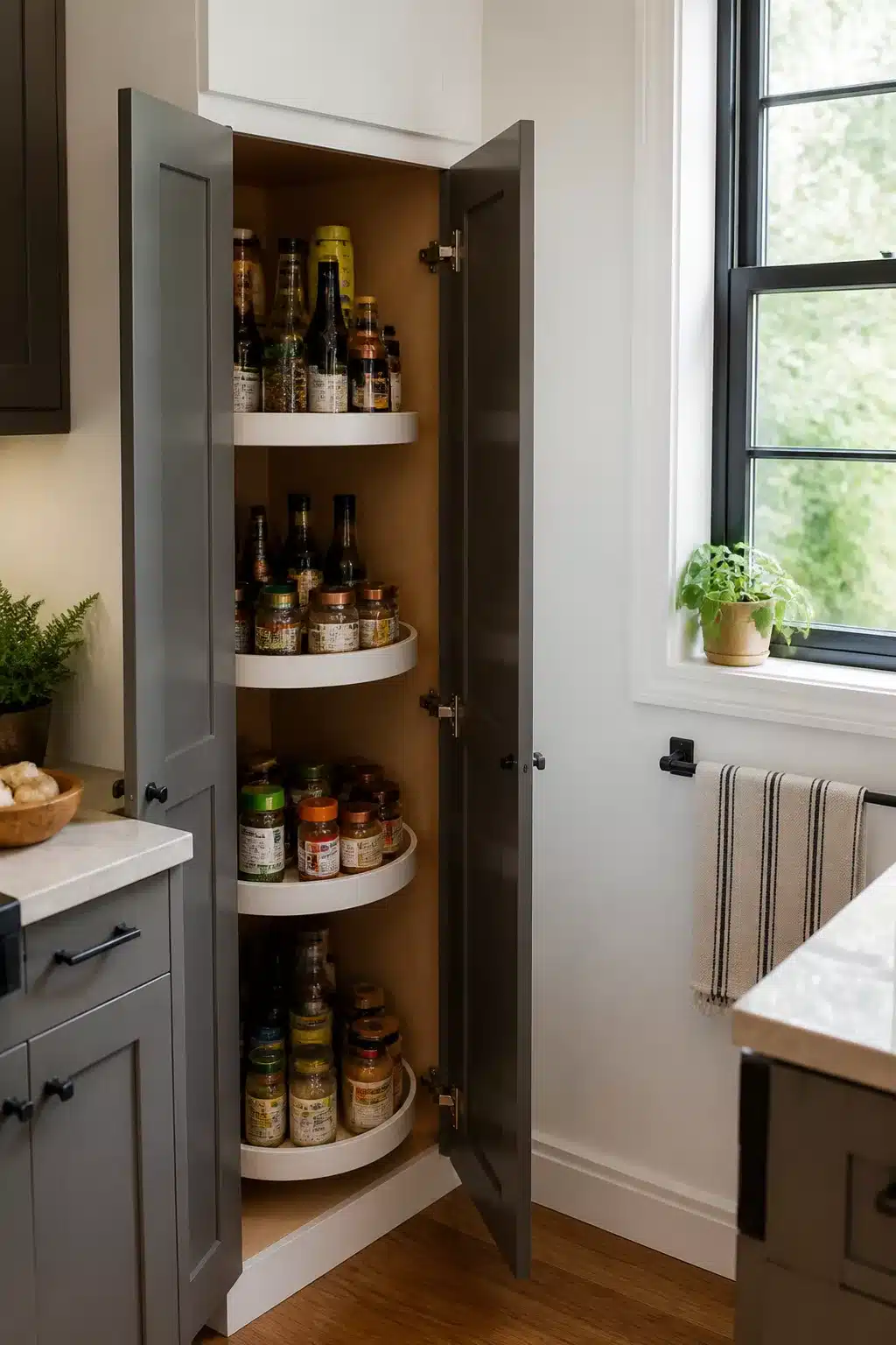 Gray corner pantry cabinet with lazy susan shelves — kitchen pantry ideas for small spaces with organized storage