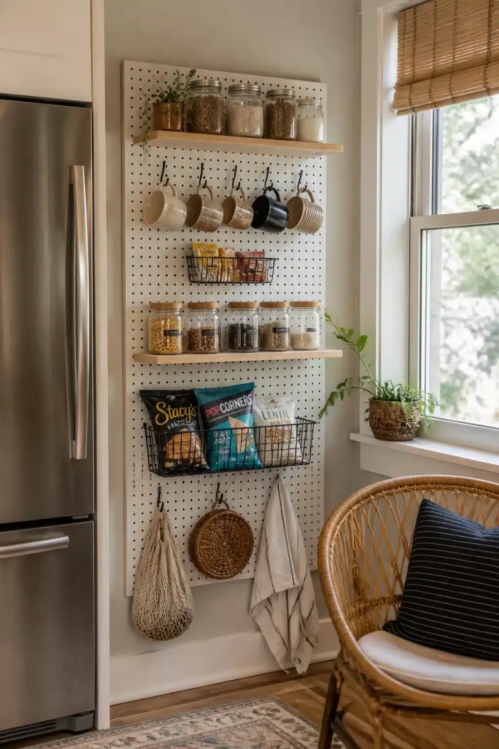 Pegboard pantry wall with wood shelves and wire baskets — small space kitchen pantry ideas for small spaces beside the fridge