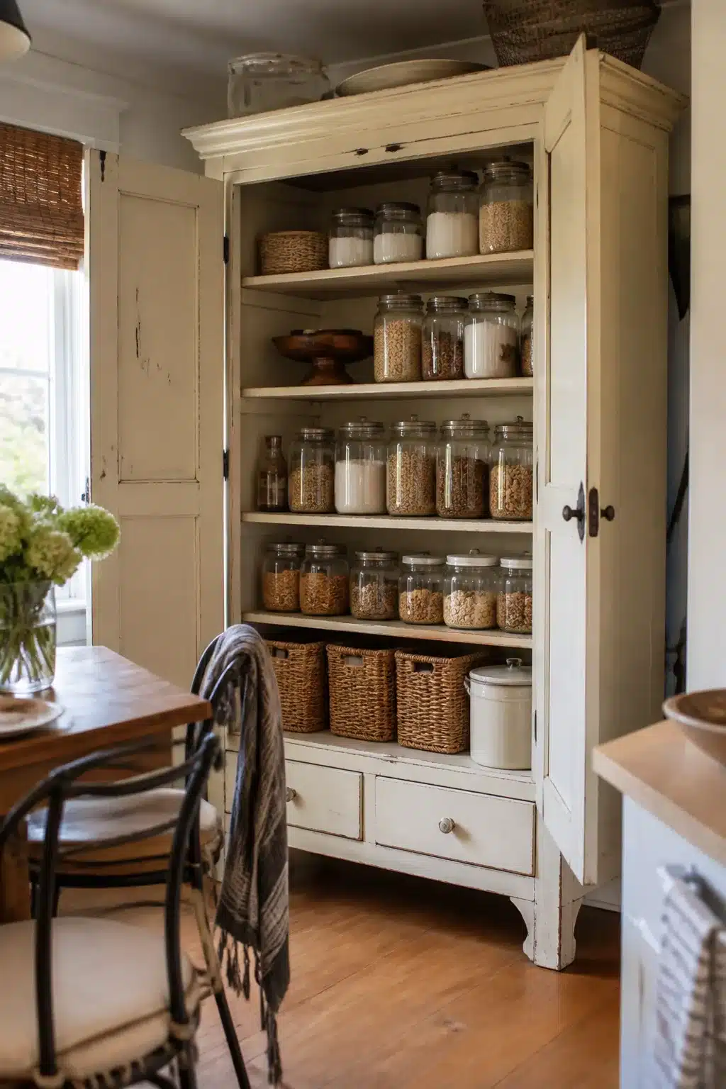 Repurposed cream armoire pantry with glass jar dry goods storage — Kitchen Pantry Ideas For Small Spaces