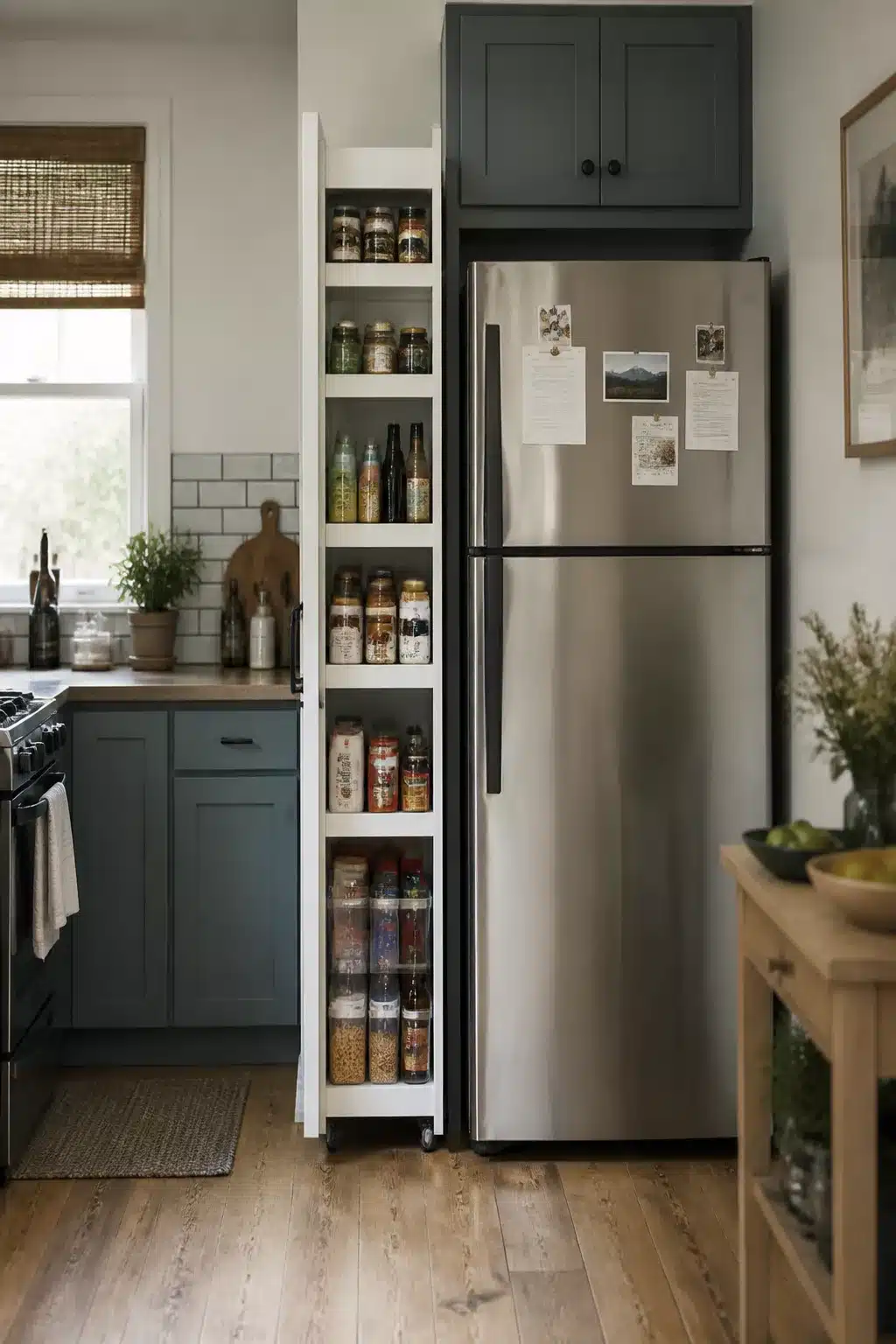 Narrow pull-out pantry tower beside fridge — kitchen pantry ideas for small spaces with organized storage