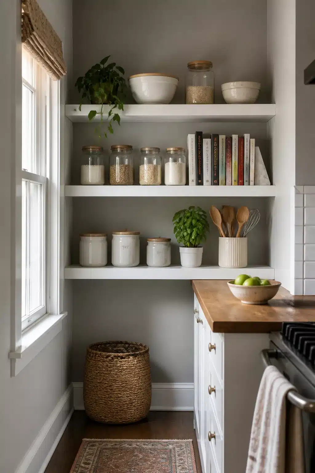 Floating white shelves with glass canisters and cookbooks — kitchen pantry ideas for small spaces in a cozy alcove