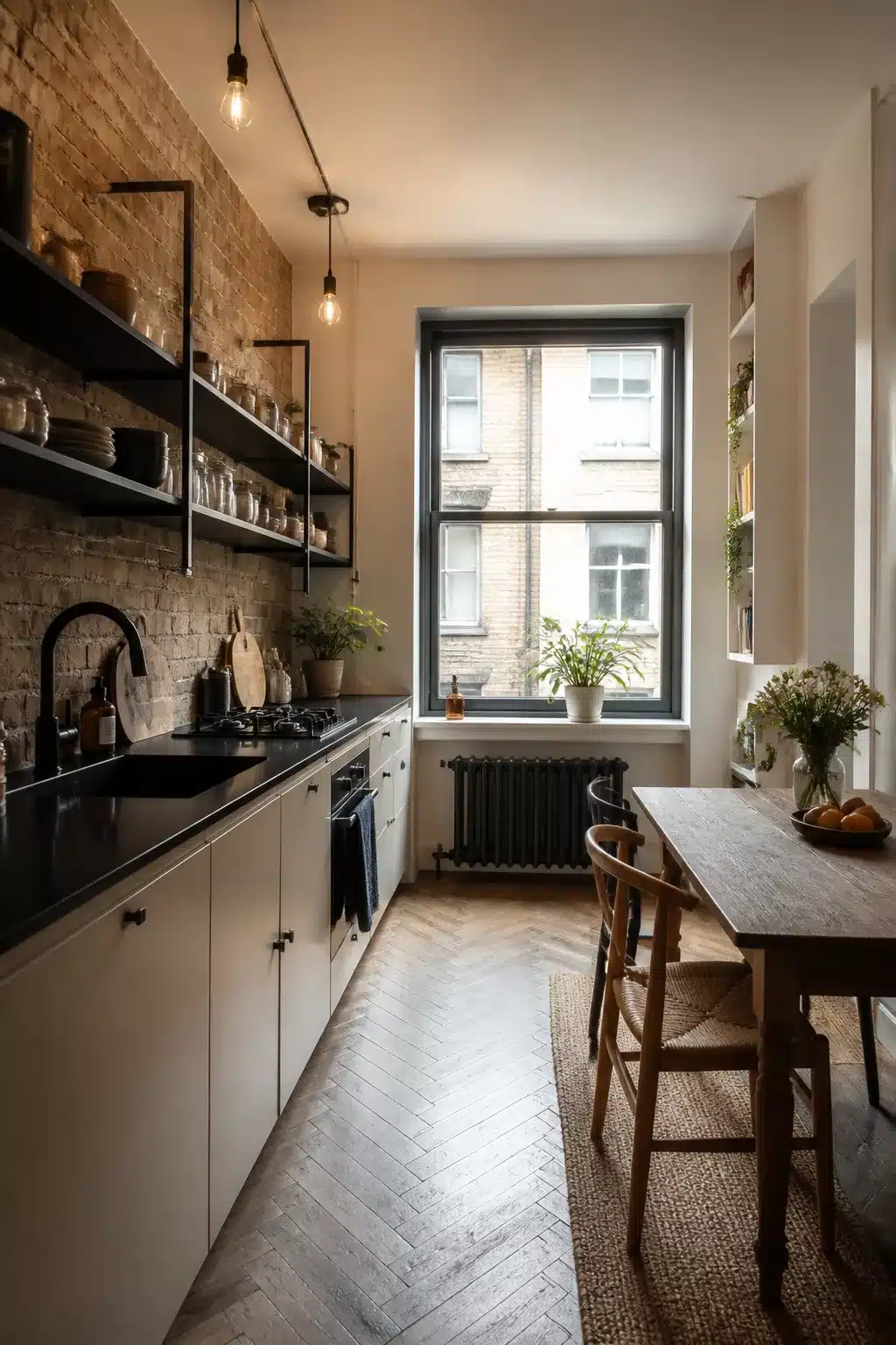 Exposed brick wall with black open shelving in a compact London apartment kitchen with herringbone floors