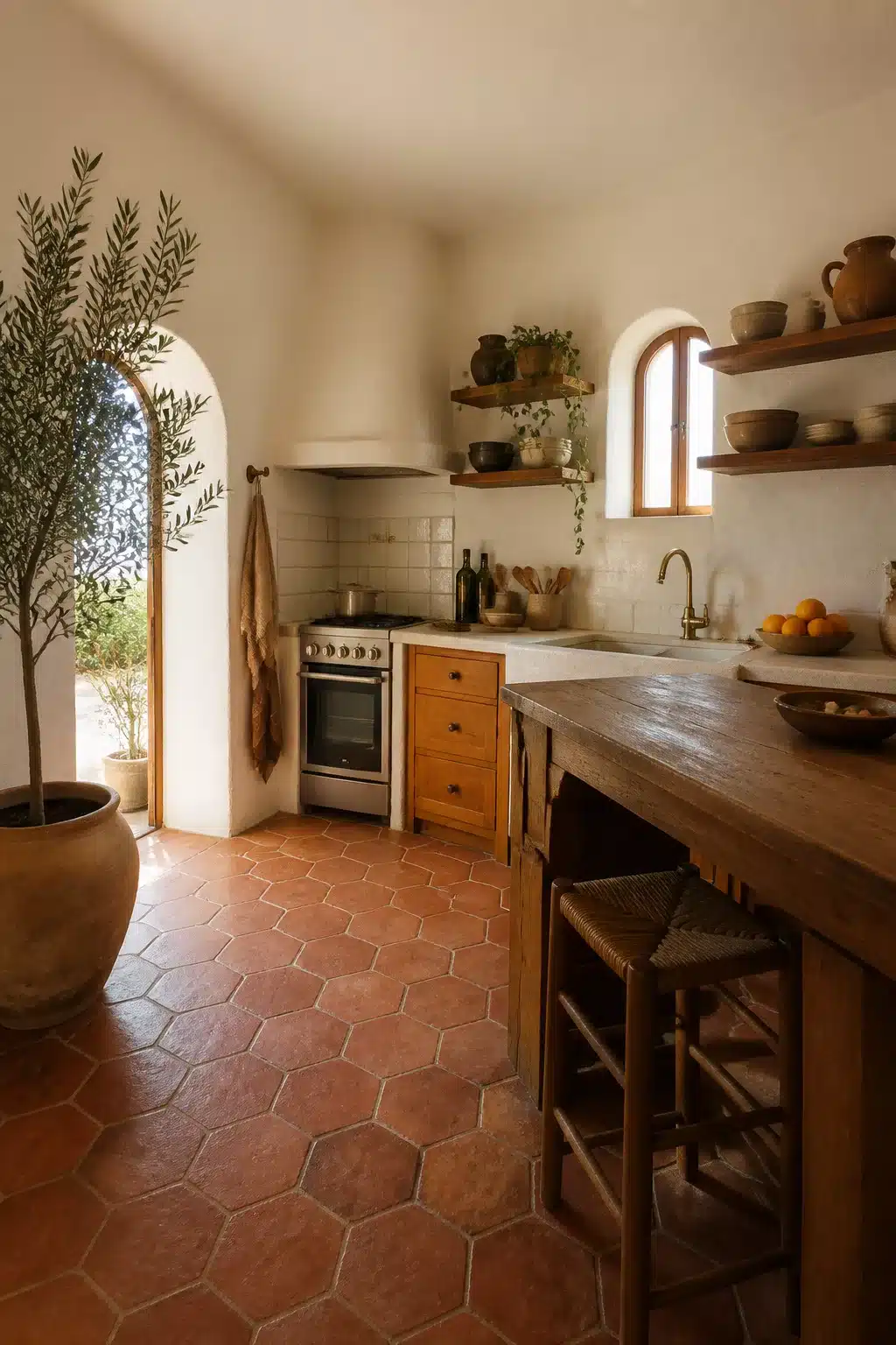 Mediterranean kitchen design with hexagonal terracotta tile floor, white plaster walls, and open wood shelving