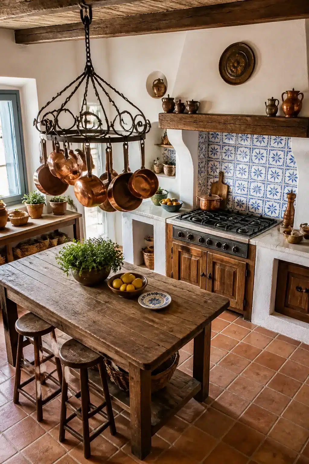 Copper pots on wrought iron rack in a rustic Mediterranean kitchen design with terracotta floors and blue tile
