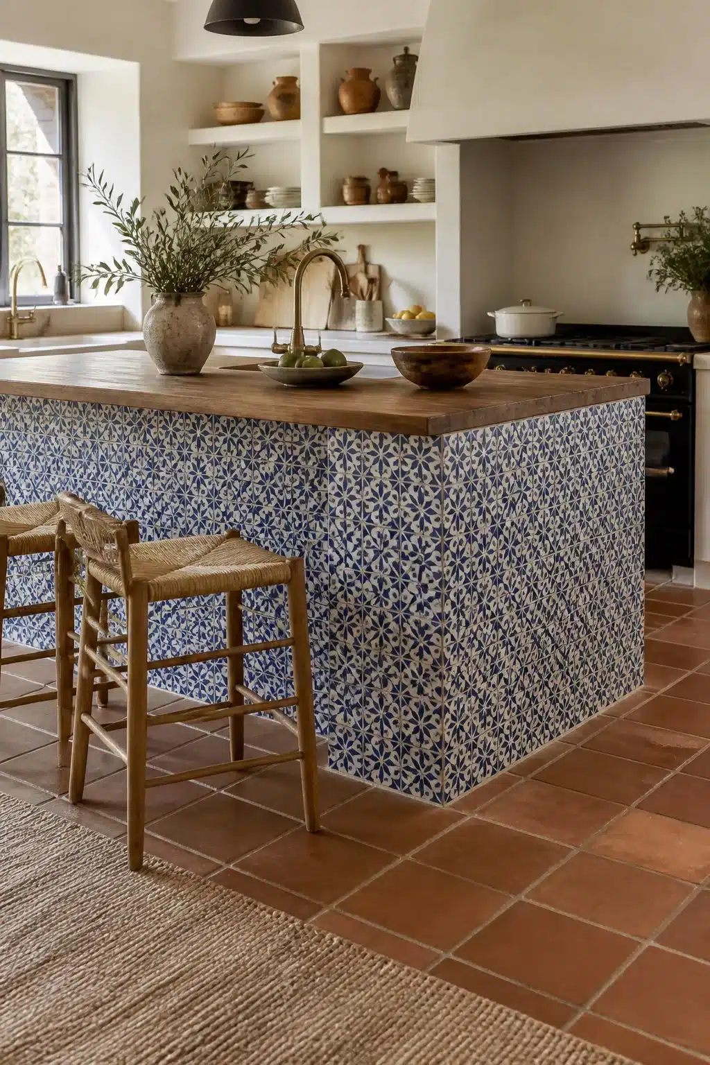 Mediterranean kitchen design with blue and white mosaic tile island, butcher block top, and terracotta floor tiles