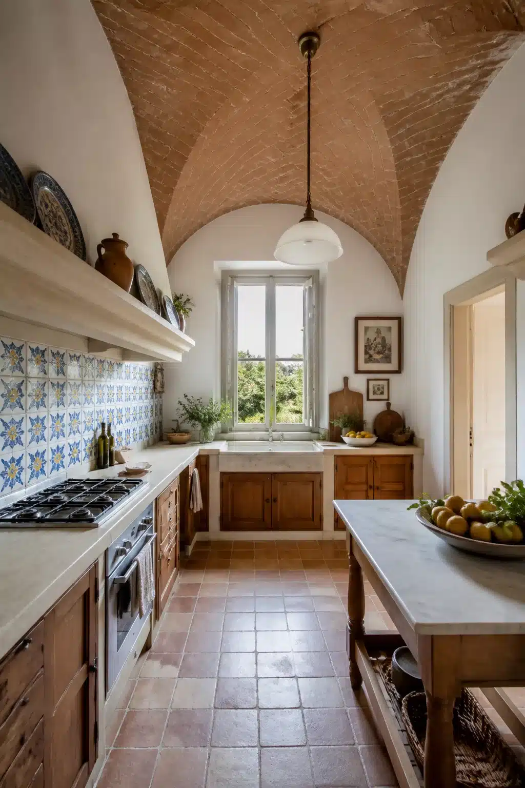 Mediterranean kitchen design with vaulted brick ceiling, marble island top, and blue patterned tile backsplash