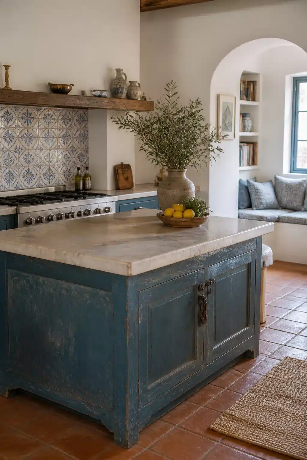 Antique blue painted kitchen island with stone countertop in a Mediterranean kitchen design with terracotta floors