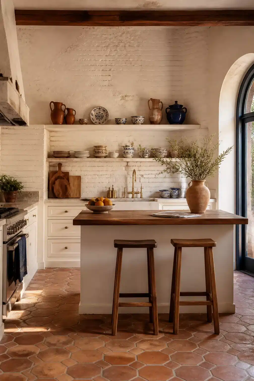 Whitewashed brick wall Mediterranean kitchen design with open shelves, brass faucet, terracotta floor and wood island.