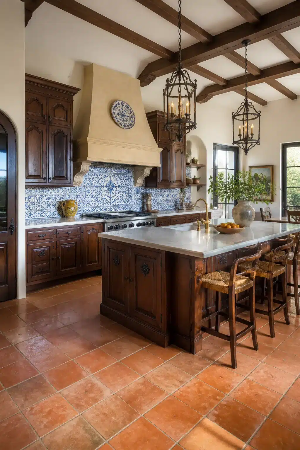 Spanish Colonial Mediterranean kitchen design with plaster hood, dark wood cabinets, blue tile backsplash and terracotta floor