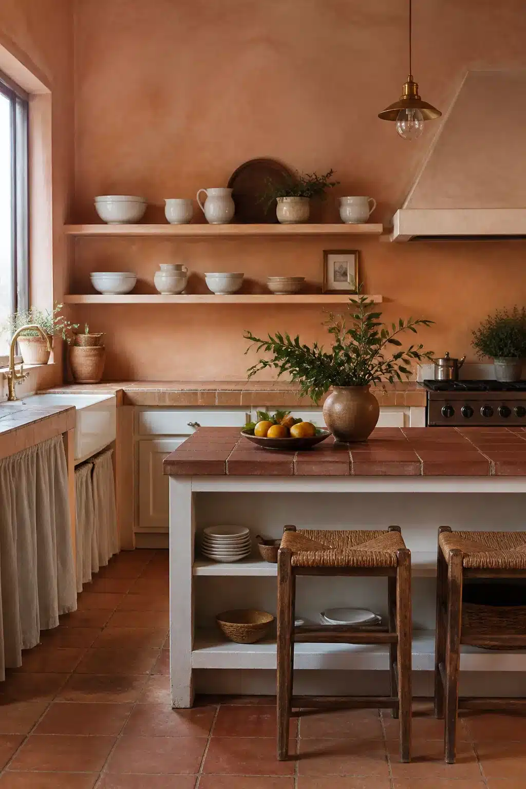 Mediterranean kitchen design with limewash walls, terracotta tile island top, open shelves, and white ceramics