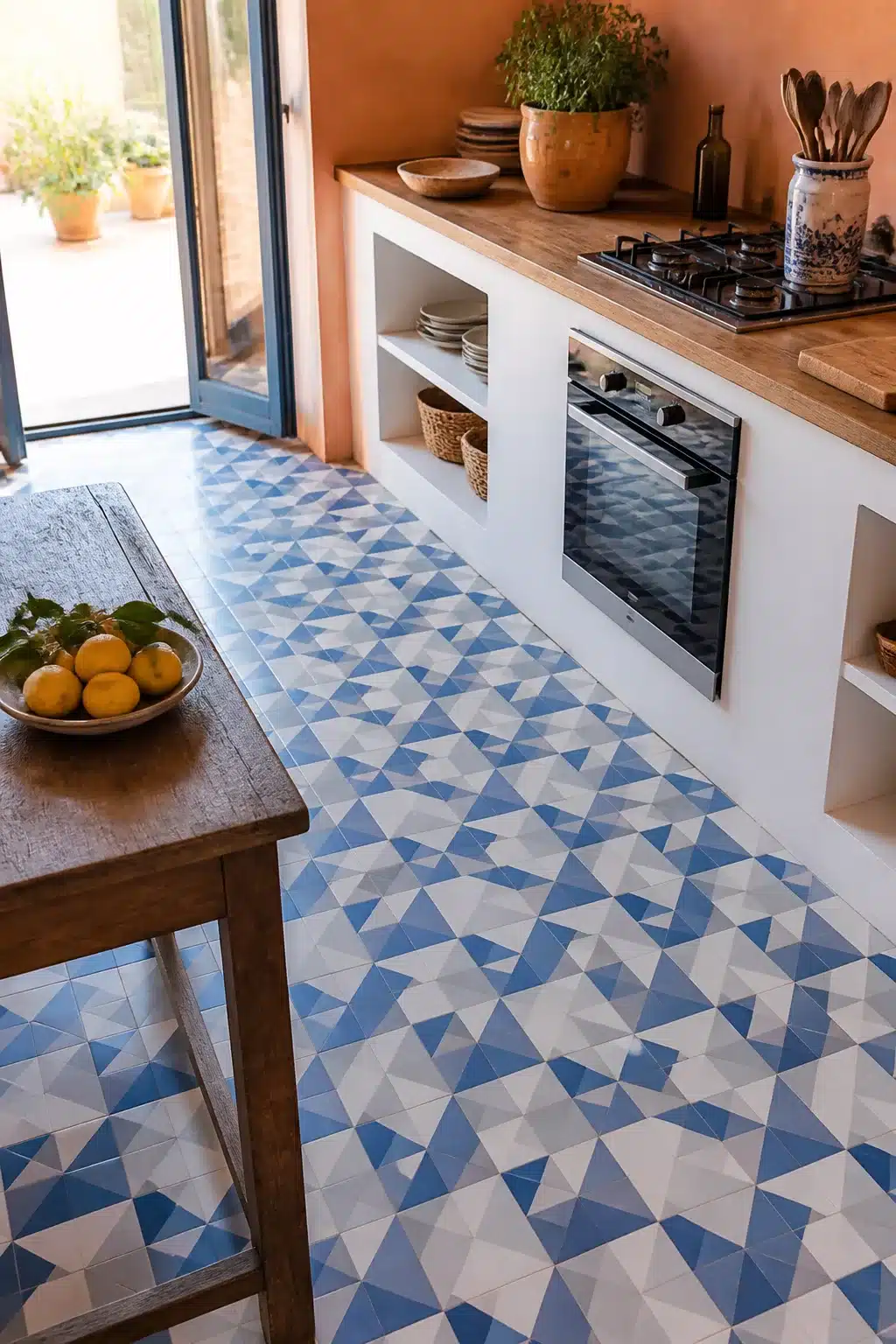 Blue geometric cement tile floor in a warm Mediterranean kitchen design with terracotta walls and wood countertops