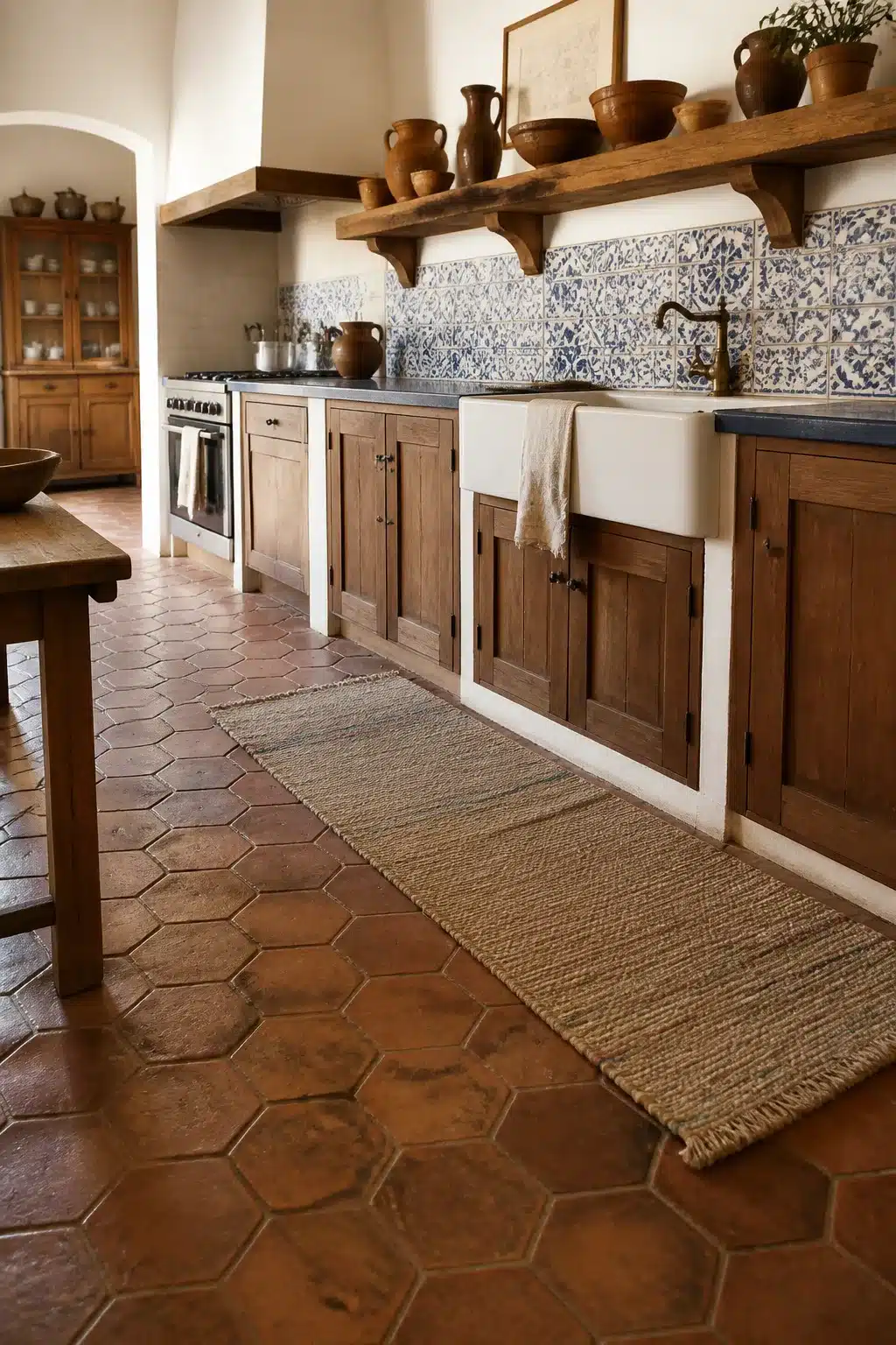 Mediterranean kitchen design with chunky wood open shelves, farmhouse sink, blue tile backsplash, and terracotta floor tiles