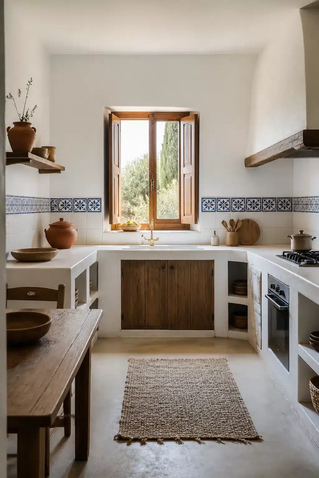 Mediterranean kitchen design with white stucco cabinetry, a blue tile stripe, wood shutters, and terracotta accents