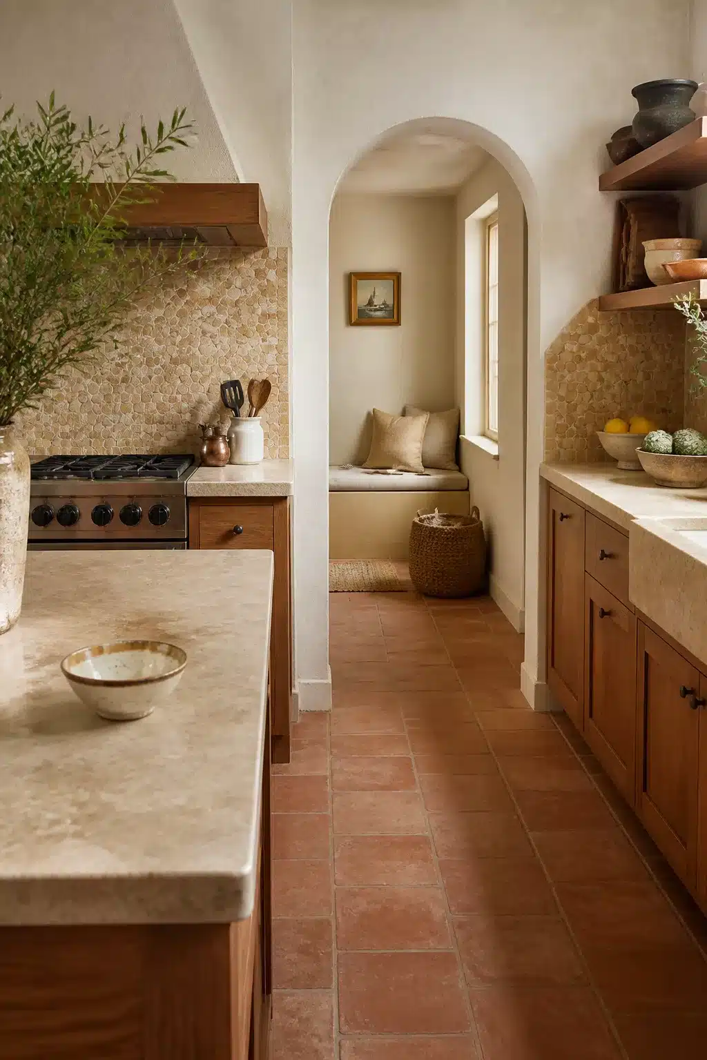 Mediterranean kitchen design with warm stone countertops, arched doorway, wood cabinets, and terracotta tile floor