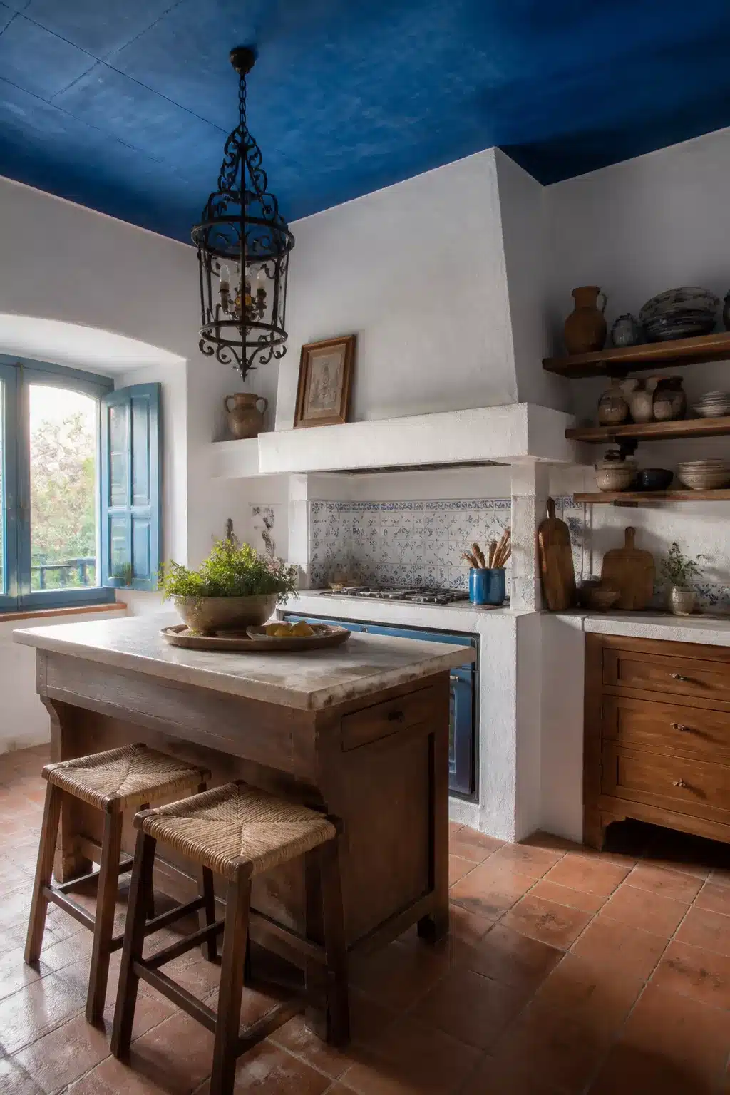Mediterranean kitchen design with deep blue painted ceiling, iron lantern, terracotta floor, and rustic wood island
