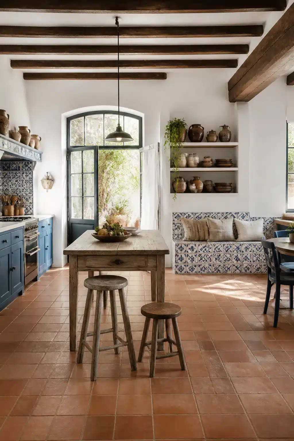 Mediterranean kitchen design with blue and white tiled built-in bench nook, rustic wood island, and terracotta tile floors