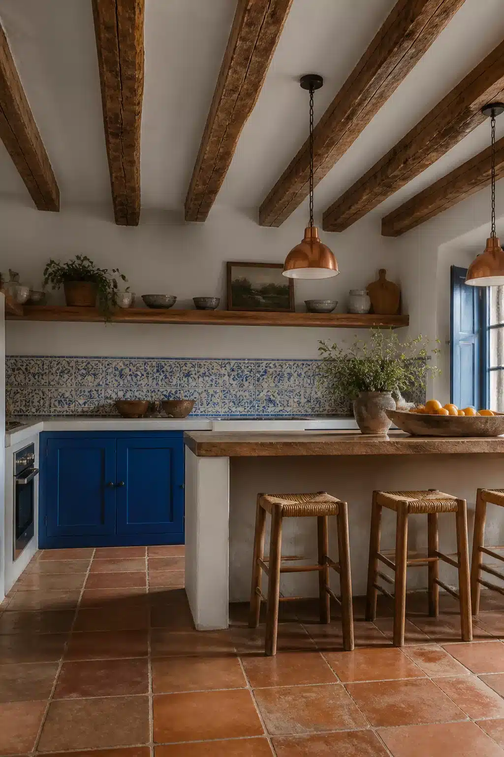 Mediterranean kitchen design with reclaimed wood ceiling beams, copper pendants, blue cabinets, and terracotta tile floor