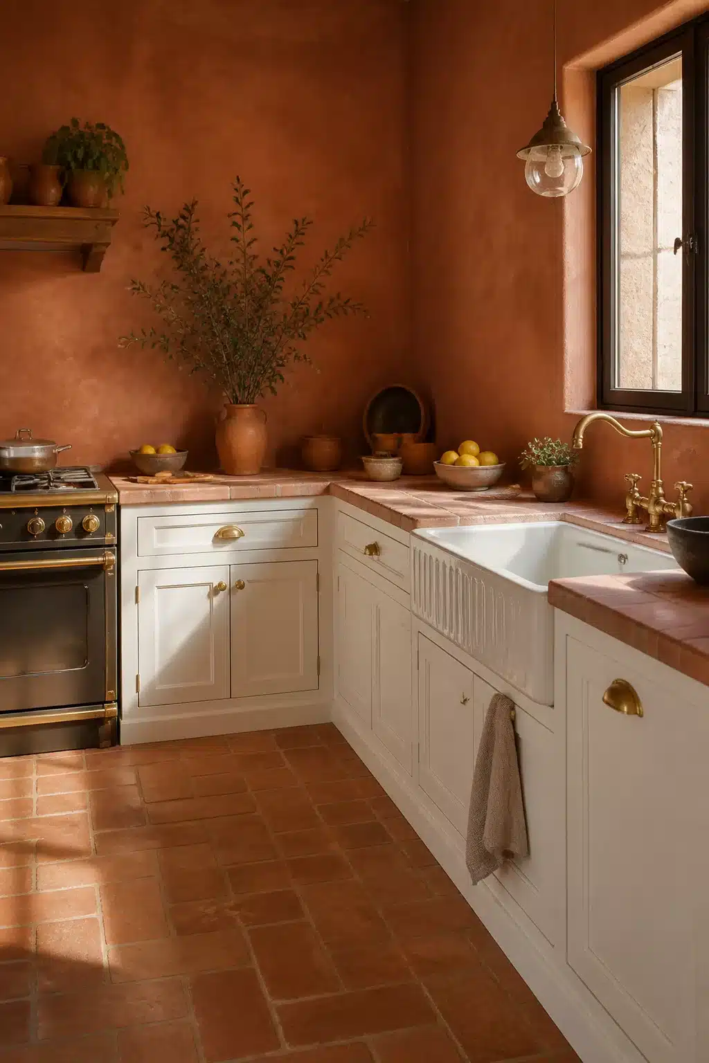 Mediterranean kitchen design with terracotta countertops, cream shaker cabinets, brass hardware, and apron sink
