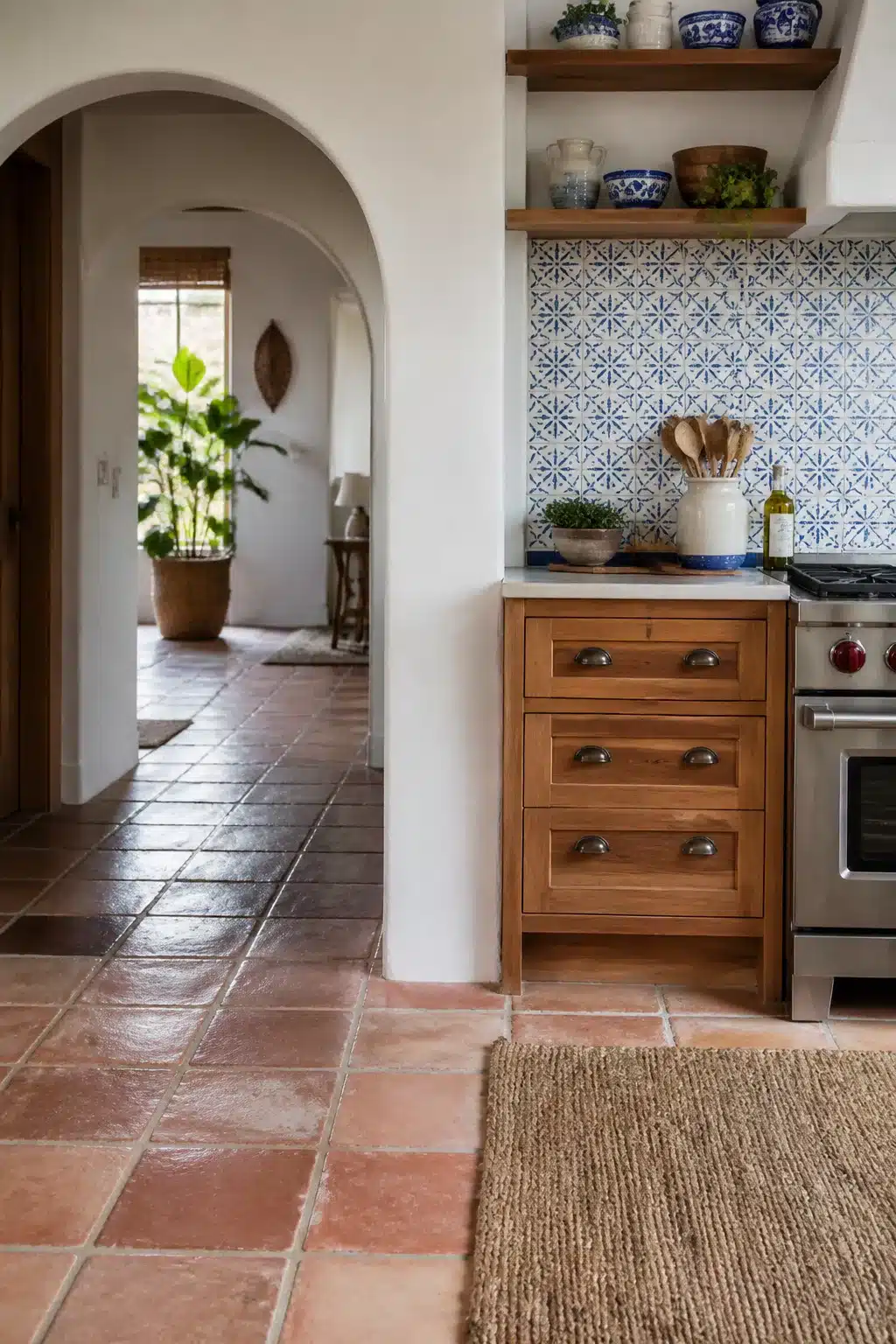 Mediterranean kitchen design with plaster arch doorway, terracotta tile floors, and blue patterned backsplash